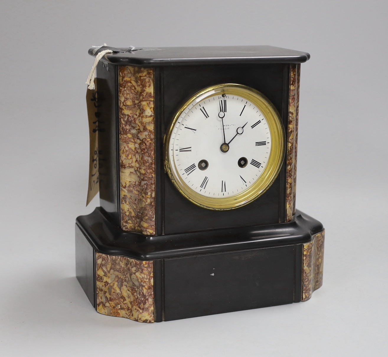 A Victorian black slate and marble mantel clock, 22cm